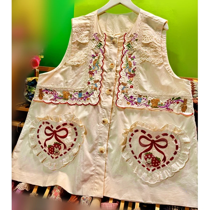 

Autumn Cotton Embroidery Ruffled Lace Cartton Sweet Cute Vest Women Cottagecore Goblincore Mori Girl Lolita Korean Fashion Vest