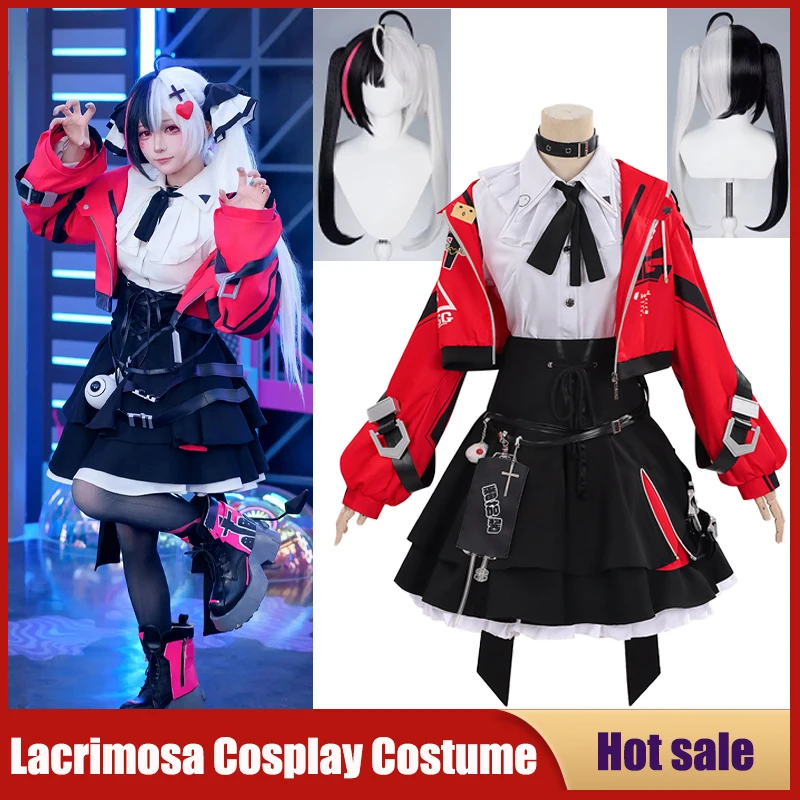  ﻿ Disfraz de Cosplay de Game Neverness To Everness NTE Lacrimosa, Conjunto Completo de Estilo Urbano con Abrigo, Camisa, Falda, Calcetines y Peluca, para Comic Con y Fiestas