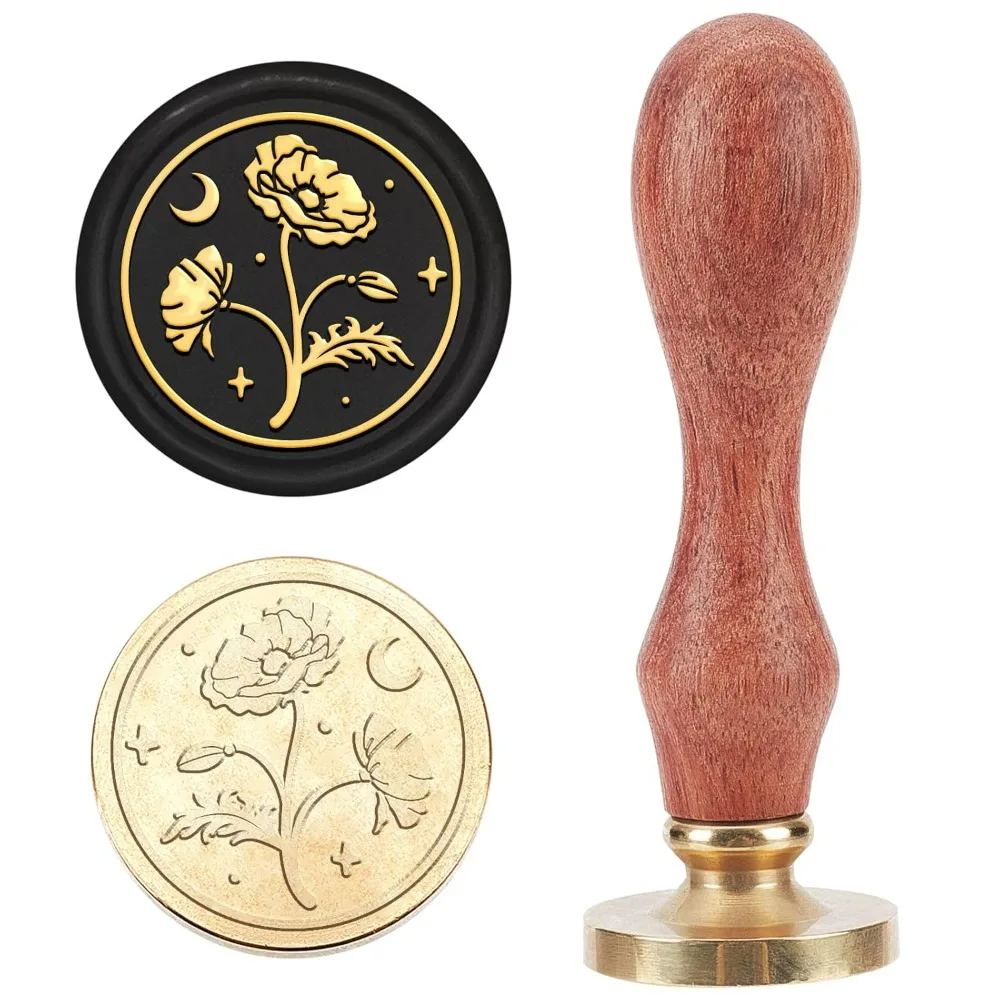 Poppy Flower Wax Seal Stamp 25mm Poppies Plant Sealing Wax Stamp Poppy Moon Star Pattern Removable Brass Head for Wedding