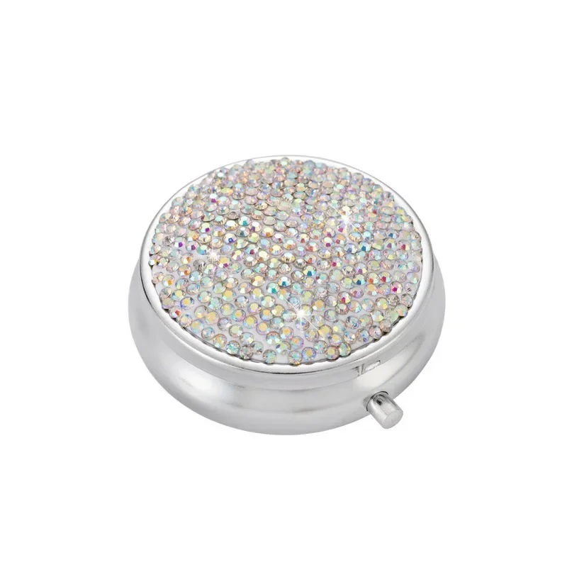 Diamond Blingbling Pill Box Portable Travel Medicine Box 5cm Round Metal Pills Organizer Mini Pocket Pill Case Tablet Container