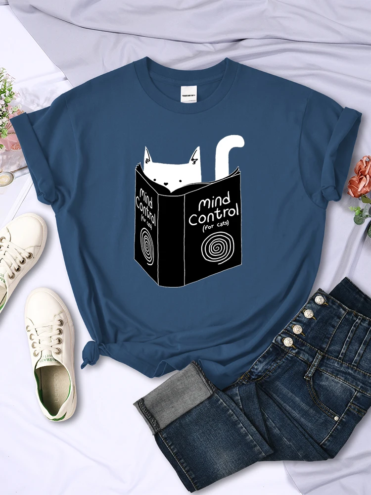 Cats Mind Control Book Cute Print Clothes Women Hip Hop Loose T Shirts Breathable Style Tops Crewneck Casual Womens T-Shirts