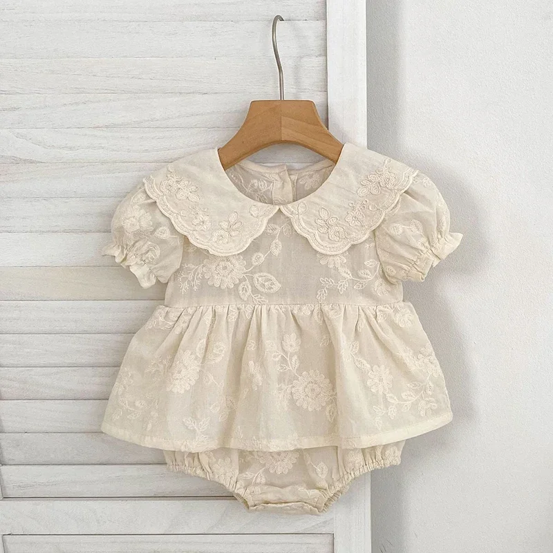 

Summer Baby Girl Clothes Embroidery Newborn Romper Dress Peter Pan Collar Floral Cotton Short Sleeve Baby Bodysuit 0-24 Months