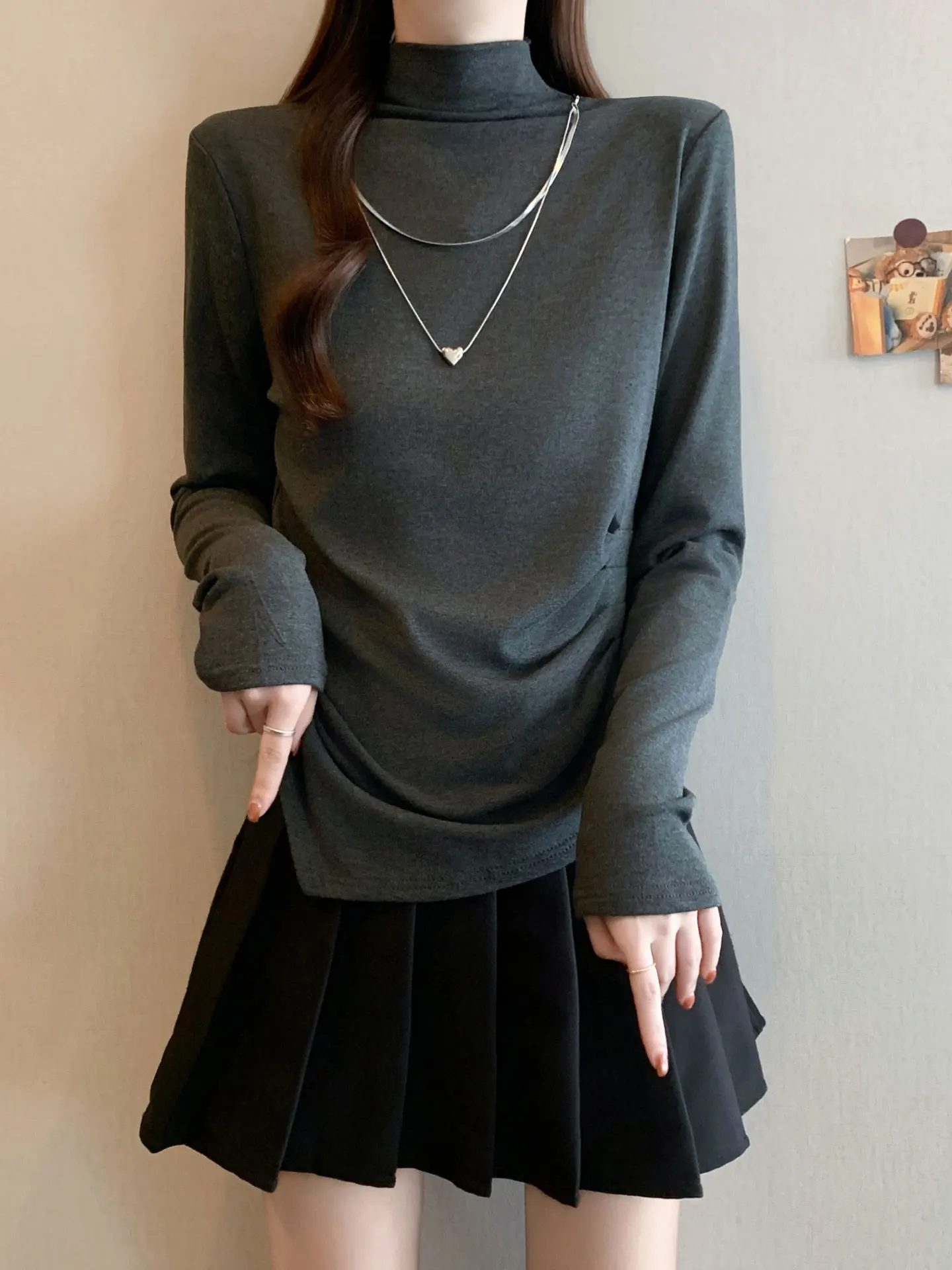 

Ele ey Long Sve High Ne Women's T-irt Autumn Winter New Sle plus Size Base irt Asymmetrical Top