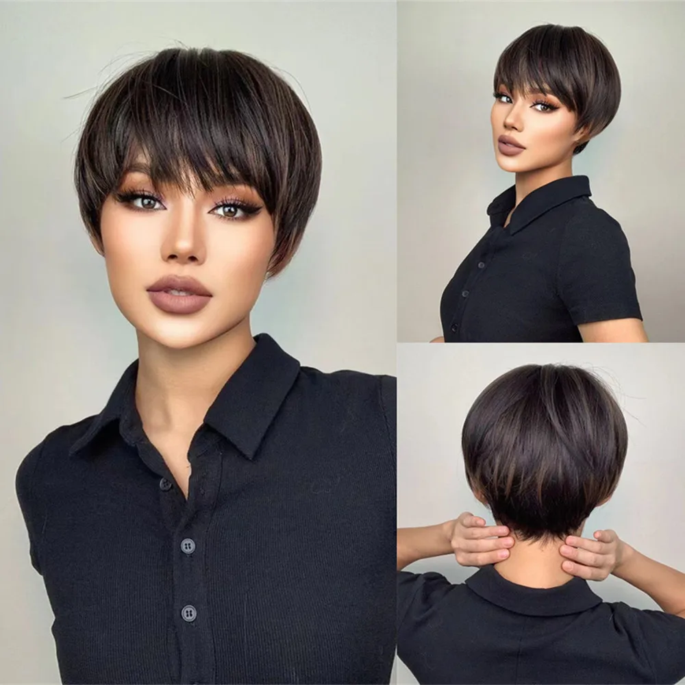 Short Brown Pixie Cut Hair Wig for Women Dark Brown Highlight Wigs Synthetic Daily Cosplay Fake Hair Natural Heat Resistant Hair