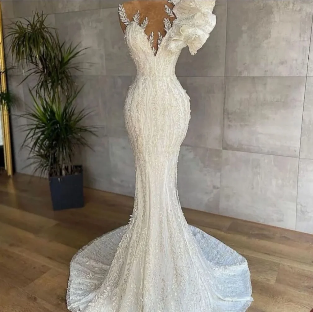 

New Luxury Wedding Dress Sheer O-Neck Beads Lace Appliques Slimming Mermaid Zipper Back Wedding Party Dress 2024 Evening Dress