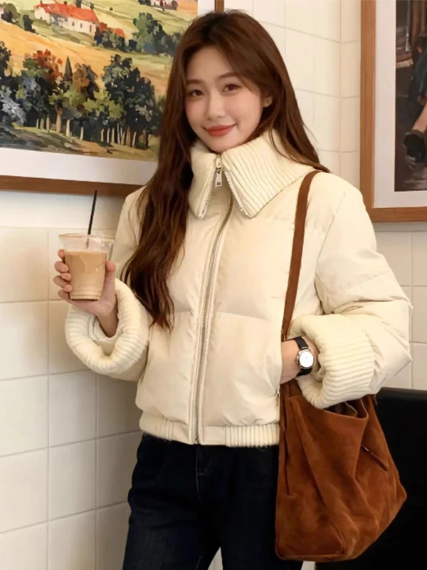 

Winter Thiened Warm Knitted ort Bread Sle Women's Cotton Jaet Korean Sle Slimming Collar Zipper Closure Pure C...