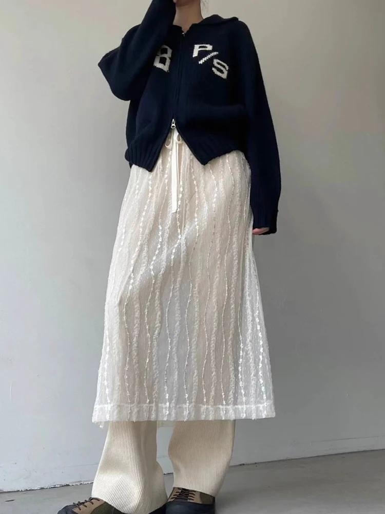 

Korean Sle Knot Lace f Skirt Women's Spring Season Elegance Small ence Perforation Overlap Mid-Length Skirt