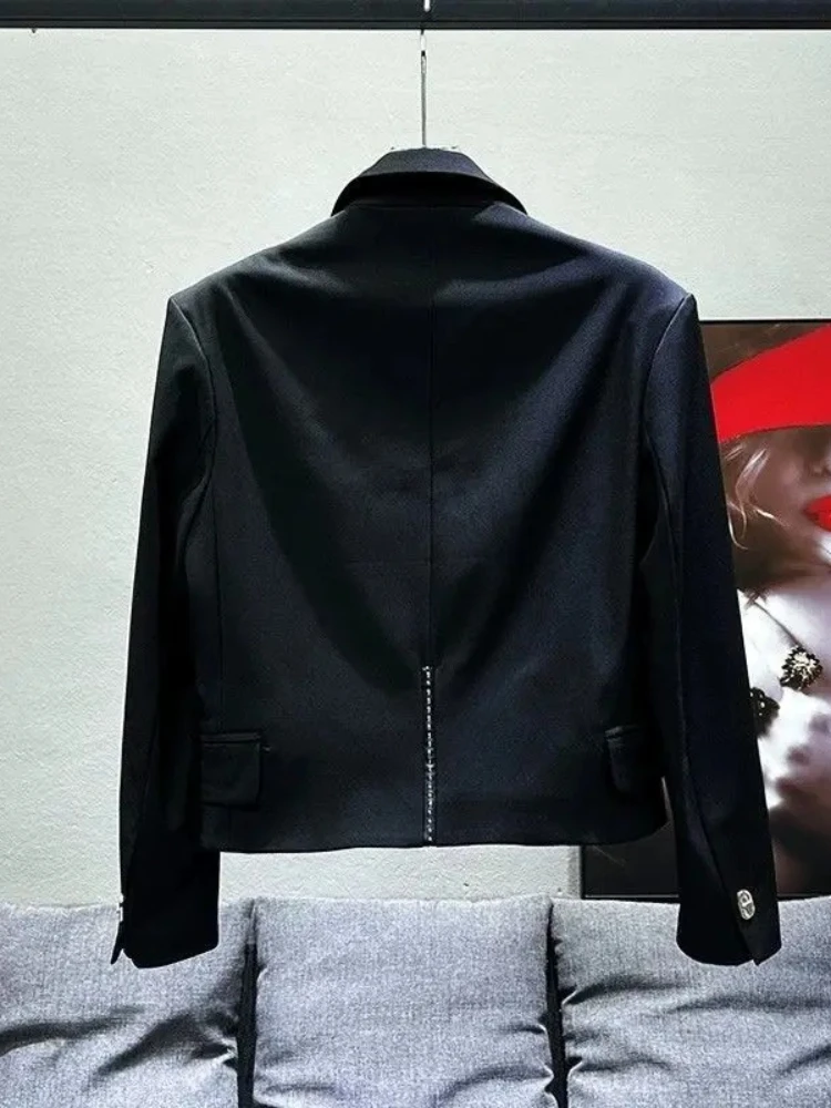 Korean Inspired Edgy Cropped Blazer Jacket Men Irregular Buttons Faux Flap Pockets & Notched Collar Oversized Casual Streetwear