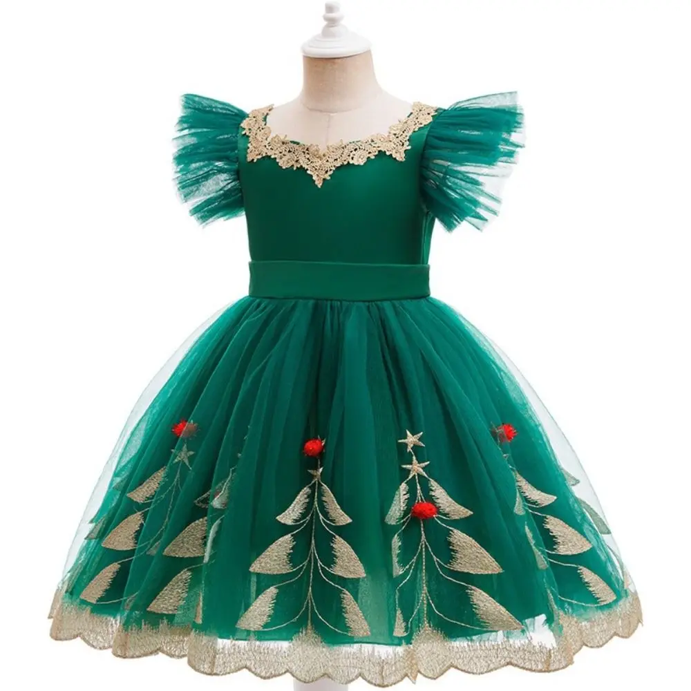 Mesh Puff Skirt Christmas Princess Dress Embroidered Tutu Skirt Short-Sleeved Party Gown Glitter Design Flying Sleeve