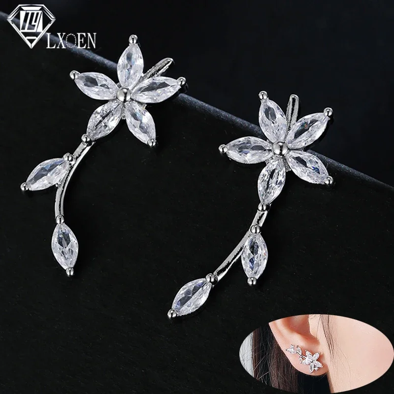 LXOEN-Pendientes de circonia cúbica con forma de flor para mujer, aretes de cristal, piedra, hoja brillante, joyería nupcial, boda