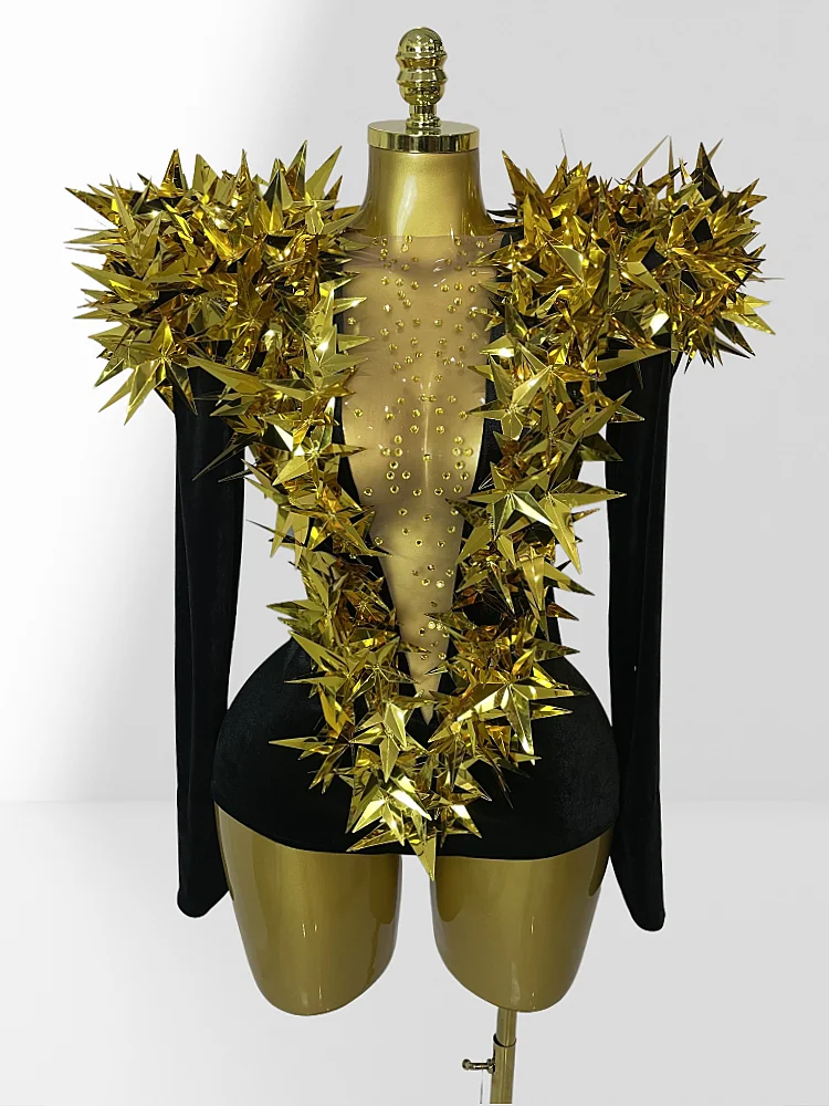 

Shining Stars Sexy Mesh See through Long Sleeve Black Velvet Bodysuit Fashion Woman Them Party Vestido Stag Performances Costume