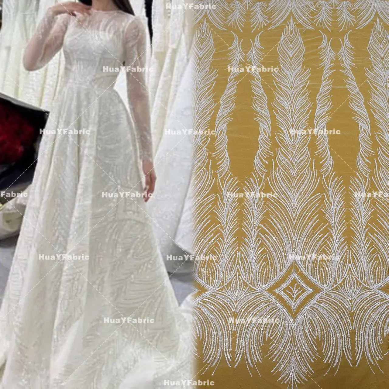 Best selling hot white french beaded sequins lace fabric wedding bridal dress fabric HY2267