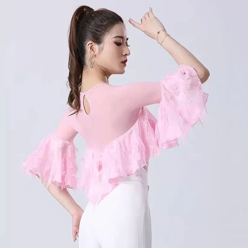 Blusa de baile latino de vals para mujer, ropa de práctica de salón, leotardo, color rosa y negro, novedad de 2023