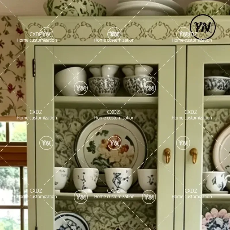 Retro Painted Side Cabinet Antique Hand-Painted Green Locker Kitchen Storage Cabinet Flower Cabinet