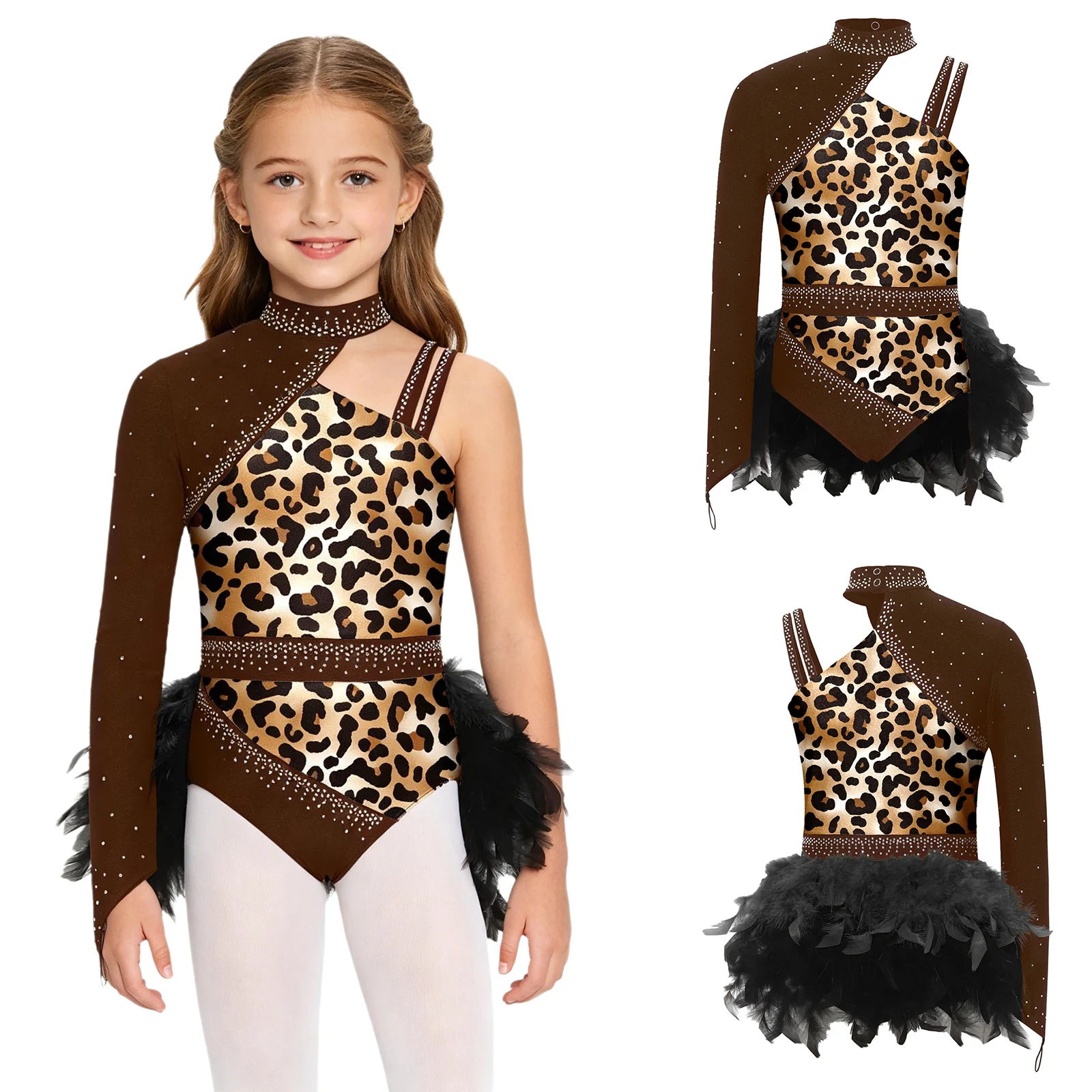 

Kids Girls Printed Dance Leotard Rhinestones Asymmetrical Sleeve Deign Contrast Feather Decor Bodysuit for Stage Competition