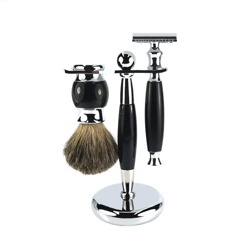 Luxury Razor Holder Brush Resin Stand Chroming Stainless Steel Handle Shaving Quality Holder Razor Brush Set for Men Shave Tool