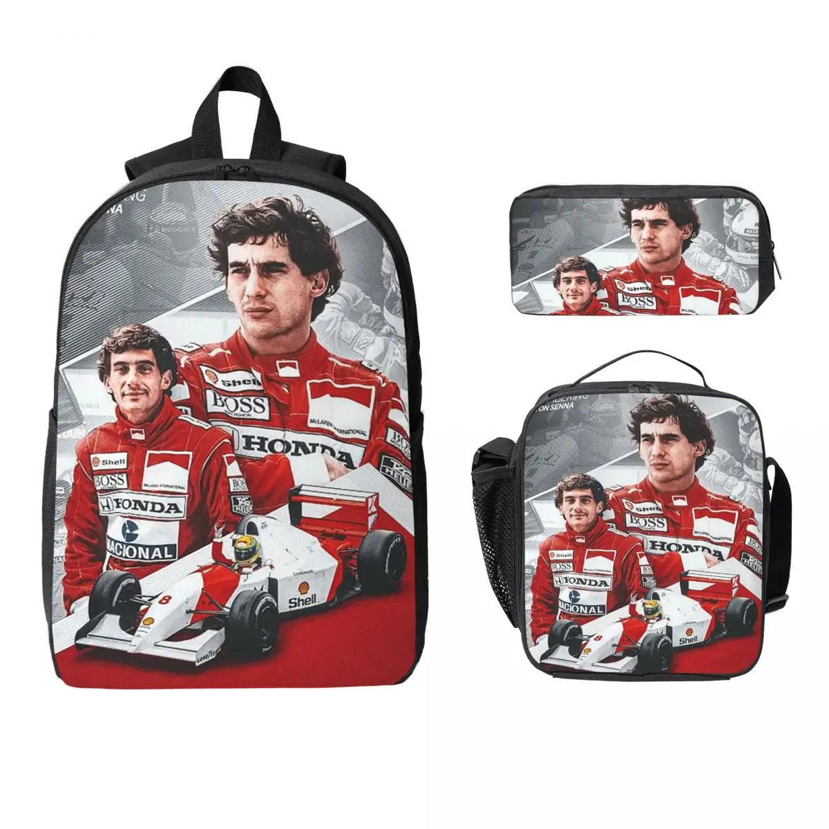 アイルトン・セナ-レーシングカー-バックパック-学生-男の子-女の子-ブックバッグ-スクールバッグ-ラップトップ-ショルダーバッグ-3ps-断熱ランチバッグ-鉛筆ケース