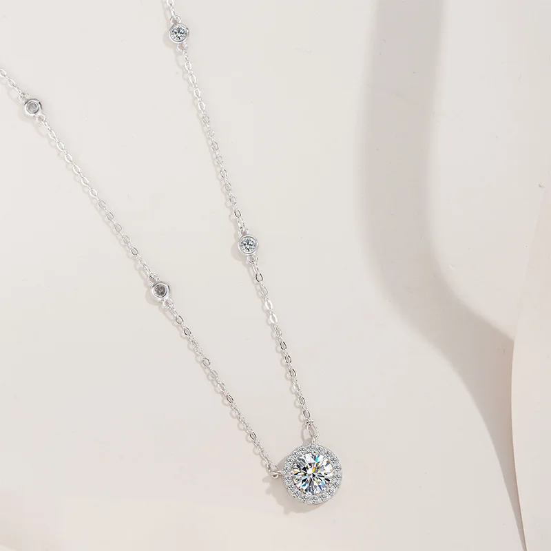 JH 1CT 925 فضة مويسانيتي قلادة للنساء قلادة مستديرة فقاعة قلادة الترقوة سلسلة D VVS1 غرامة مجوهرات #3