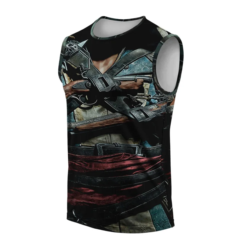 メンズスカルベストストリートファッションラウンドネックノースリーブプリント Tシャツ日常アウトドアスポーツフィットネスランニングトップ恐怖 2025 新しい