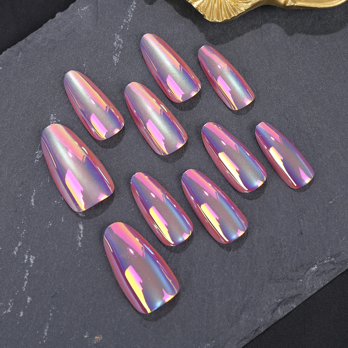 Elektroplaterowane, błyszczące sztuczne paznokcie kocie oko Aurora Purple Mirror Powder Ethereal Violet Glow Nails