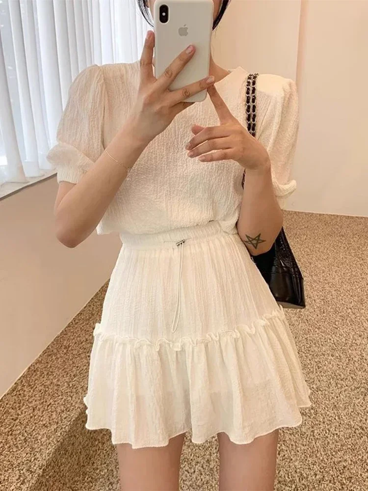 New Bubble Sleeve Top+Wooden Ear Edge Drawstring Half Skirt Fashion Set Round Neck Waist Waist Women's Fashion Two Piece Set