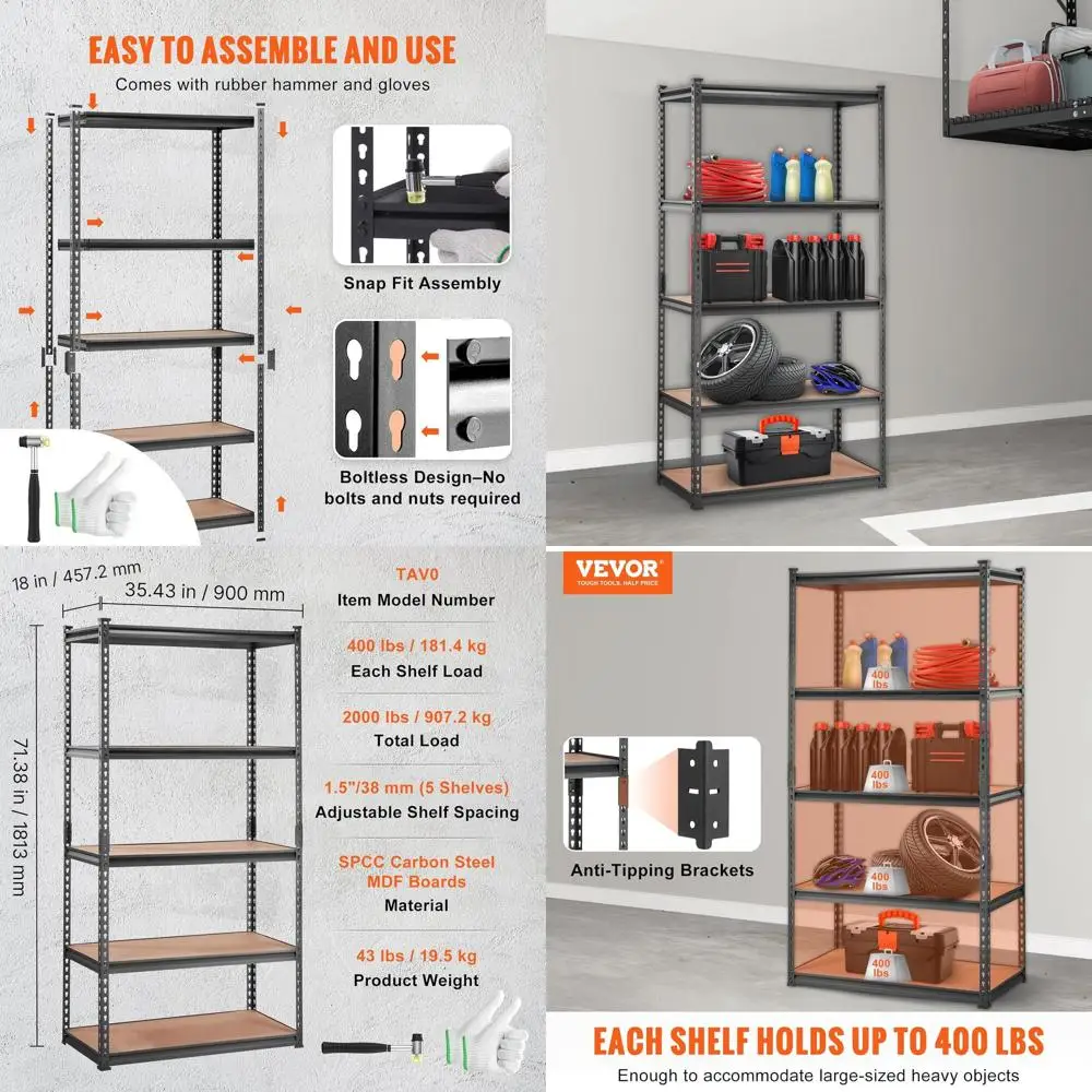 

5-Shelf Adjustable Heavy-Duty Metal Storage Rack, 2000 lbs Capacity, 36x18x72, Black, for Garage, Kitchen, Pantry, and More