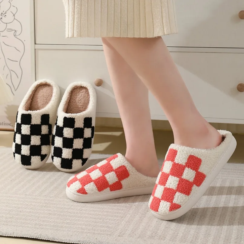 Home Slipper Womens Plaid Winter Warm Kawaii Cartoon Plush Contton Indoor Funny Cute Fuzzy Floor House Shoes Female Checkerboard