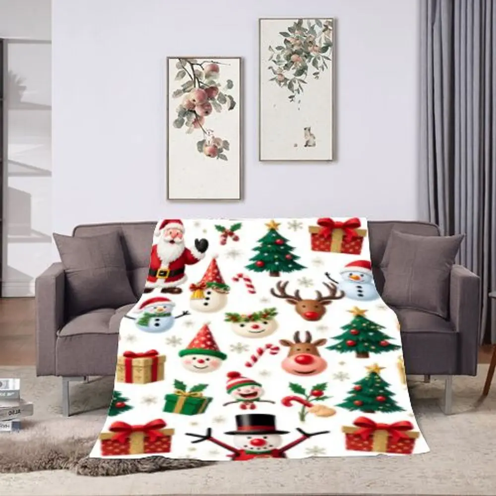 

Joyful Christmas Cartoon Pattern Fabric - Festive White Background Featuring Snowmen, Cheerful Santa Claus, Reindeer Faces, Chri