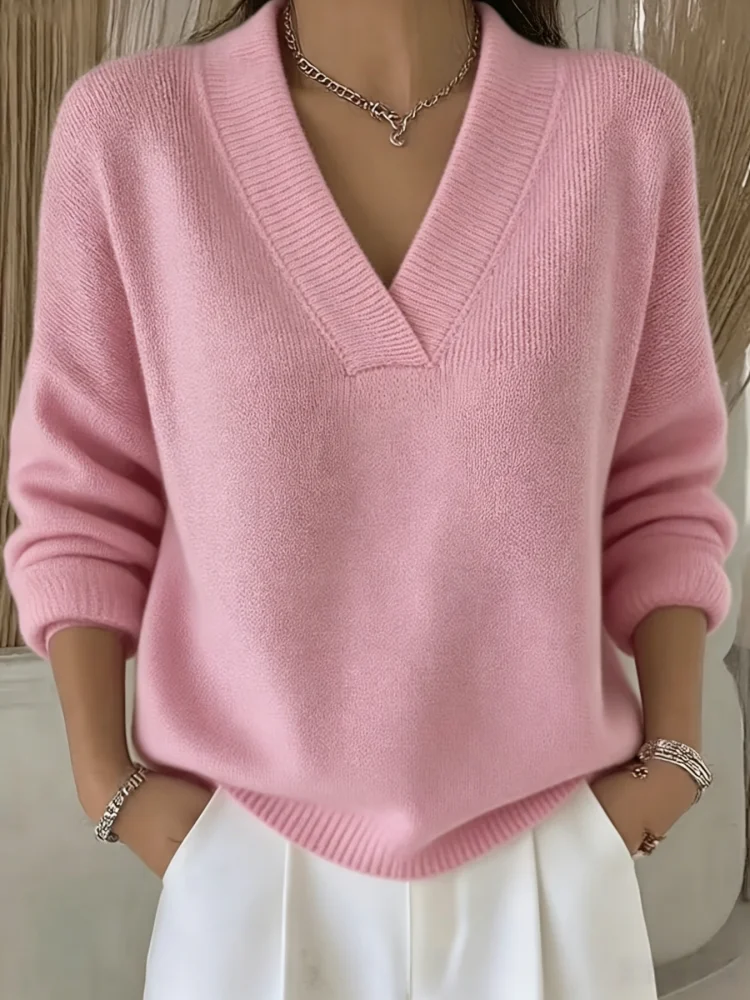Europäische und amerikanische Plus-Size-Damenbekleidung, Herbst- und Winter-High-End-eleganter, lässiger, weicher Pullover mit V-Ausschnitt für Damen – Detail 1