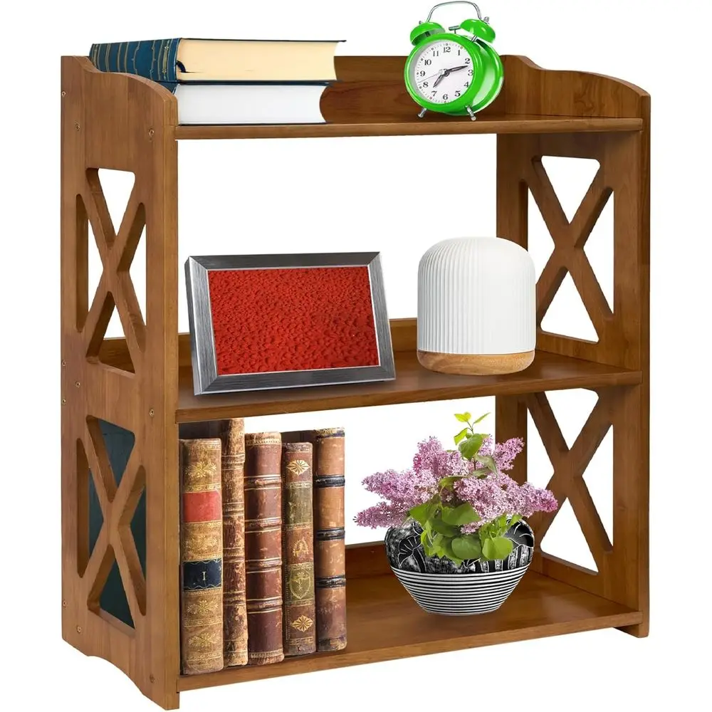 

Natural Wood Brown 3-Tier Bookcase, Compact Freestanding Storage Shelf for Home and Office Use