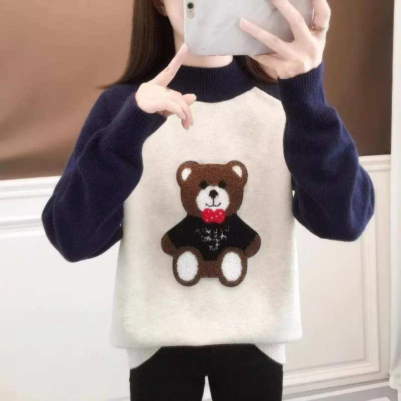 Autumn Winter High-end Cartoon Dog Pullover Women Korean Fashion Grey Raglan Sweater for Woman Jumper Y2k Clothes