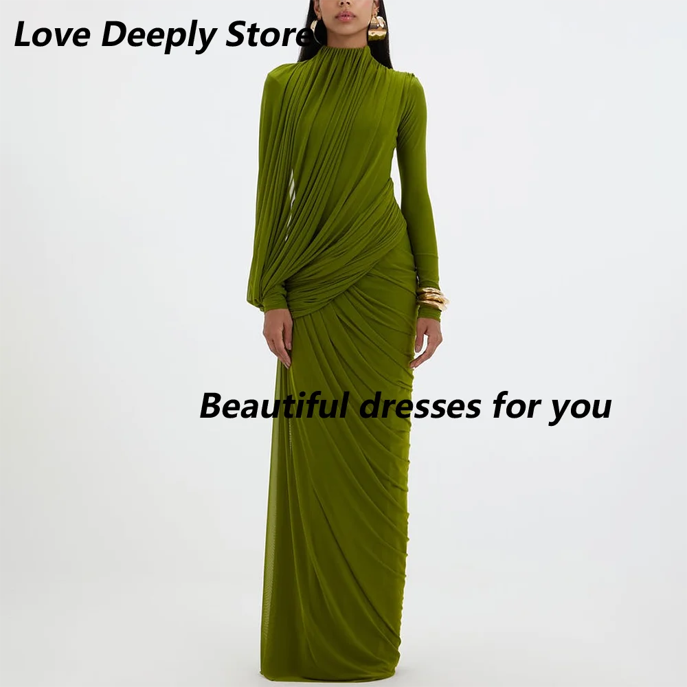 

Green Evening Dress Customized High Neck Long Sleeves Pleated Straight Evening Gowns Floor Length Formal Party Dresses
