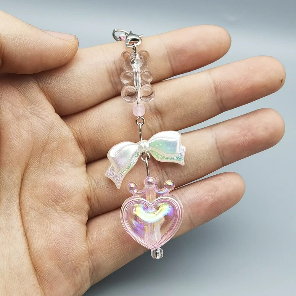 Original Y2K Phone Lanyard Charm Strap Clear Bear White Bowtie Colorful Crown Heart Bag Pendant Keychain Hanging Rope Keycord