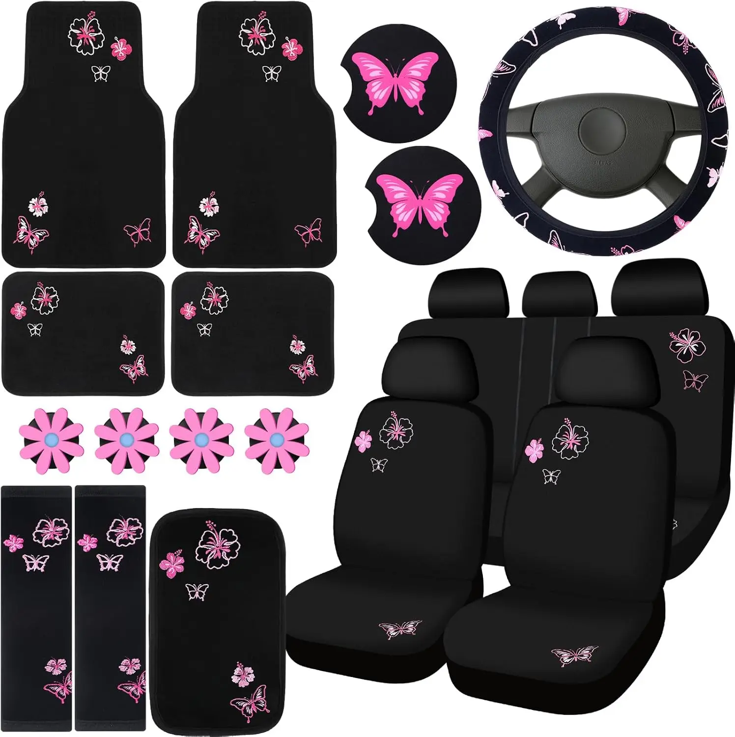 

23 Pcs Butterfly Embroidery Car Accessory Set for Women - Cute Seat Cover, Steering Wheel Sleeve, Air Vent Clip