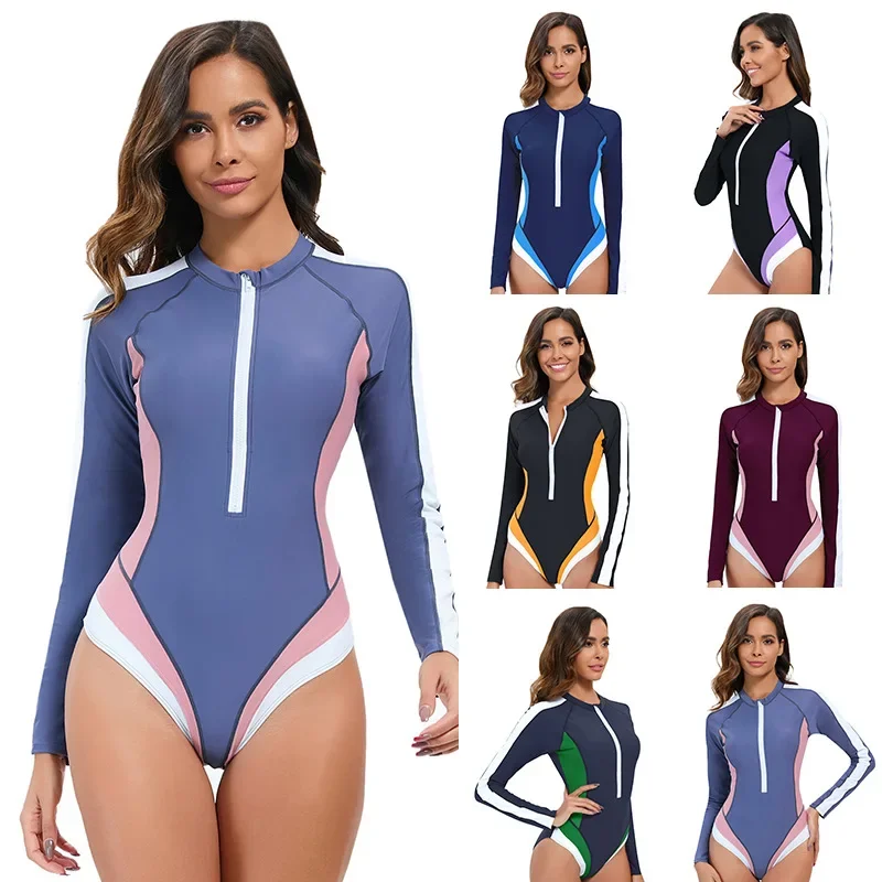 

New Contrasting Color Long-sleeved Sun Protection One-piece Swimsuit for Women's Triangle Surfing Suit Conservative Swimsuit