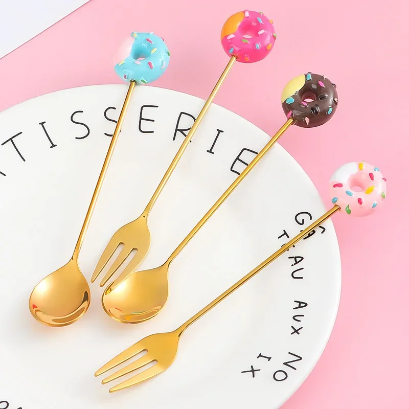 Stainless Steel Cute Donut Spoon Fork Ice Cream Cake Dessert Spoons Coffee Stirring Spoon Candy Cute Cartoon Teaspoon Tableware