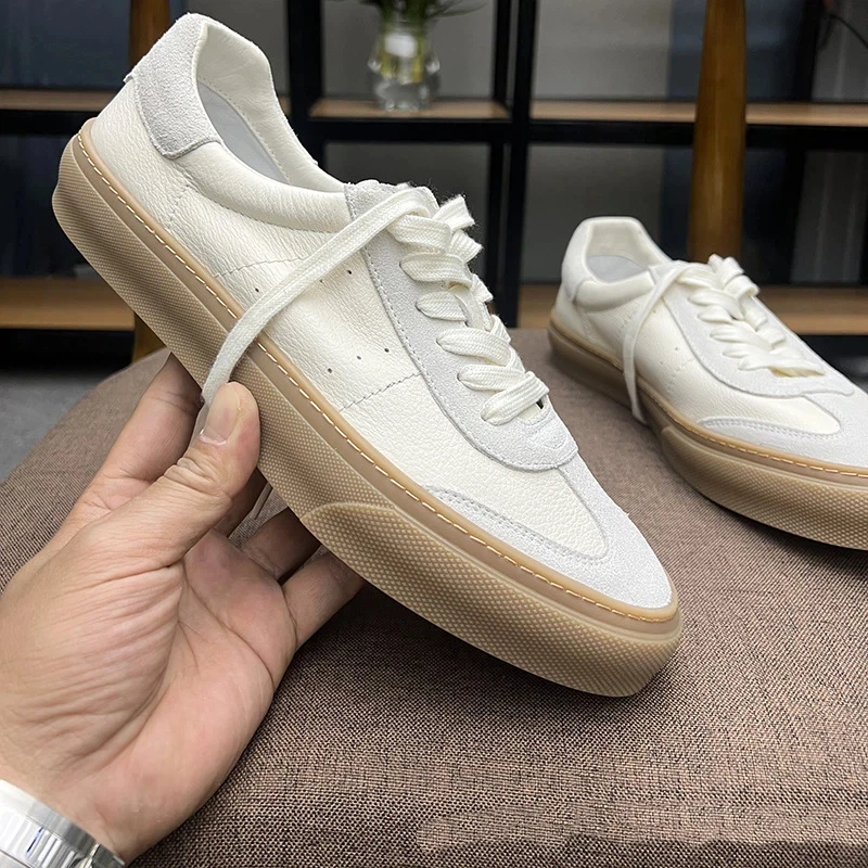 YETTIES Men's Classic Casual Sneakers, Genuine Leather Two-Tone Stitching with Anti-Slip Sole, Soft Round Toe Lace-Up Design