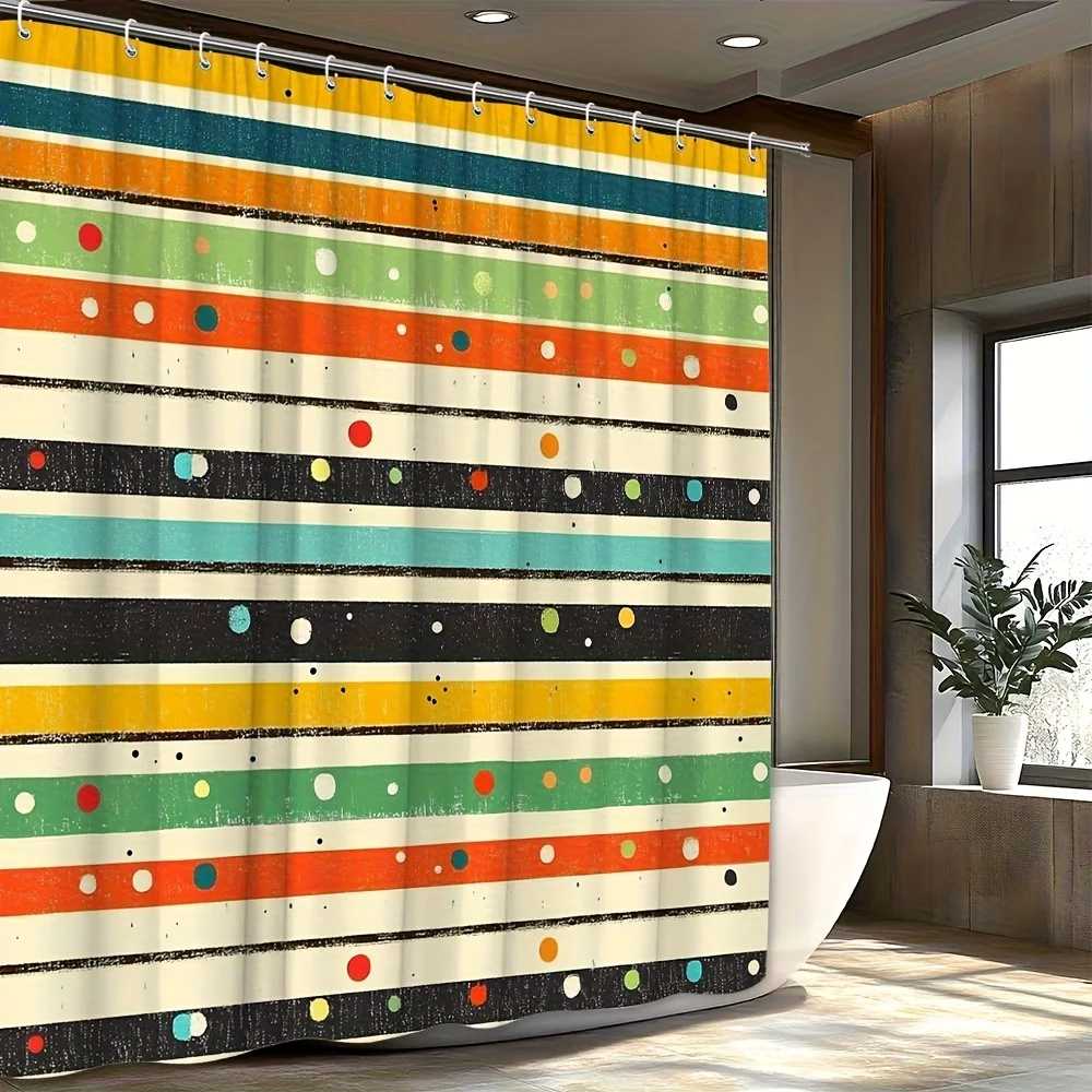 1-PC Vintage Stripe Polka Dot Shower Curtain - Black, Green, Yellow, Orange, with Fun Polka Dots, 12 Hooks, 70X70 Inches,