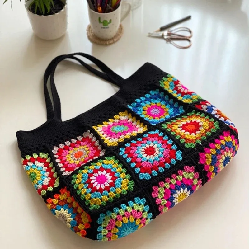 Black Granny Square Crochet Shoulder Bag for WOMEN Colorful Flowers Cute Handbag Unique Boho Ethnic Hollow Out Versatile Purse