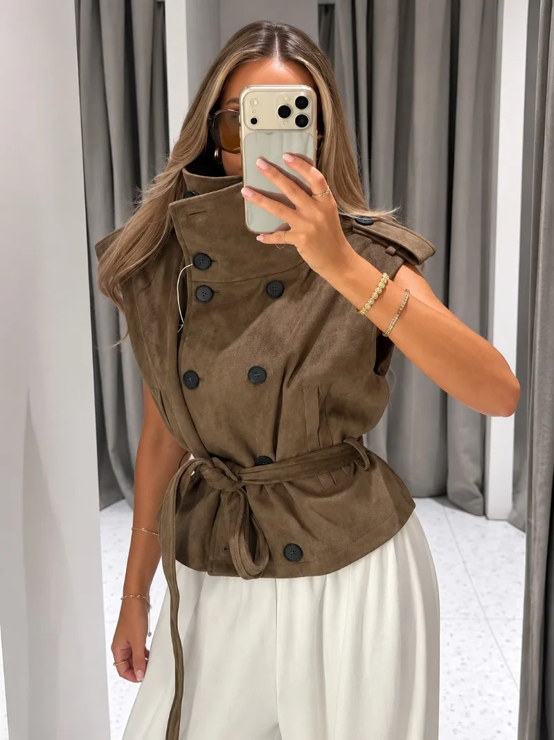 Damen-Weste aus Wildlederimitat, ärmellos, doppelreihig, mit selbstbindendem Gürtel, hohem Kragen, Taschen, Schulterklappen, Oberbekleidung, Top 2026 – Detail 15