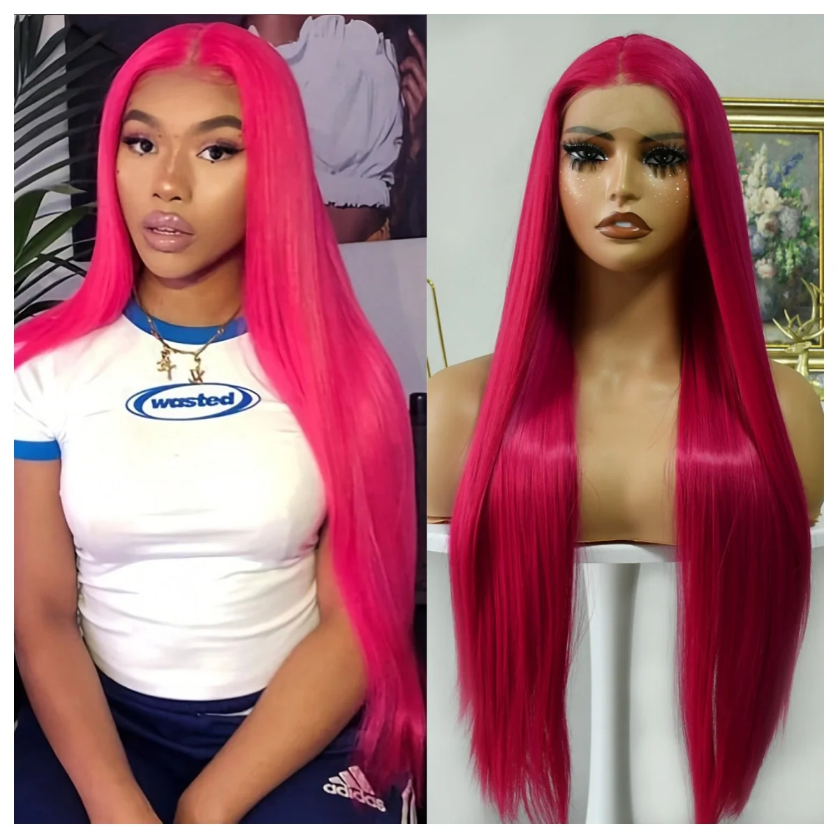 

Rose Pink Bone Straight Lace Front Wig 13x4 HD Lace Frontal Wig Synthetic High Quality Heat Resistant Daily Wear Cosplay On Sale