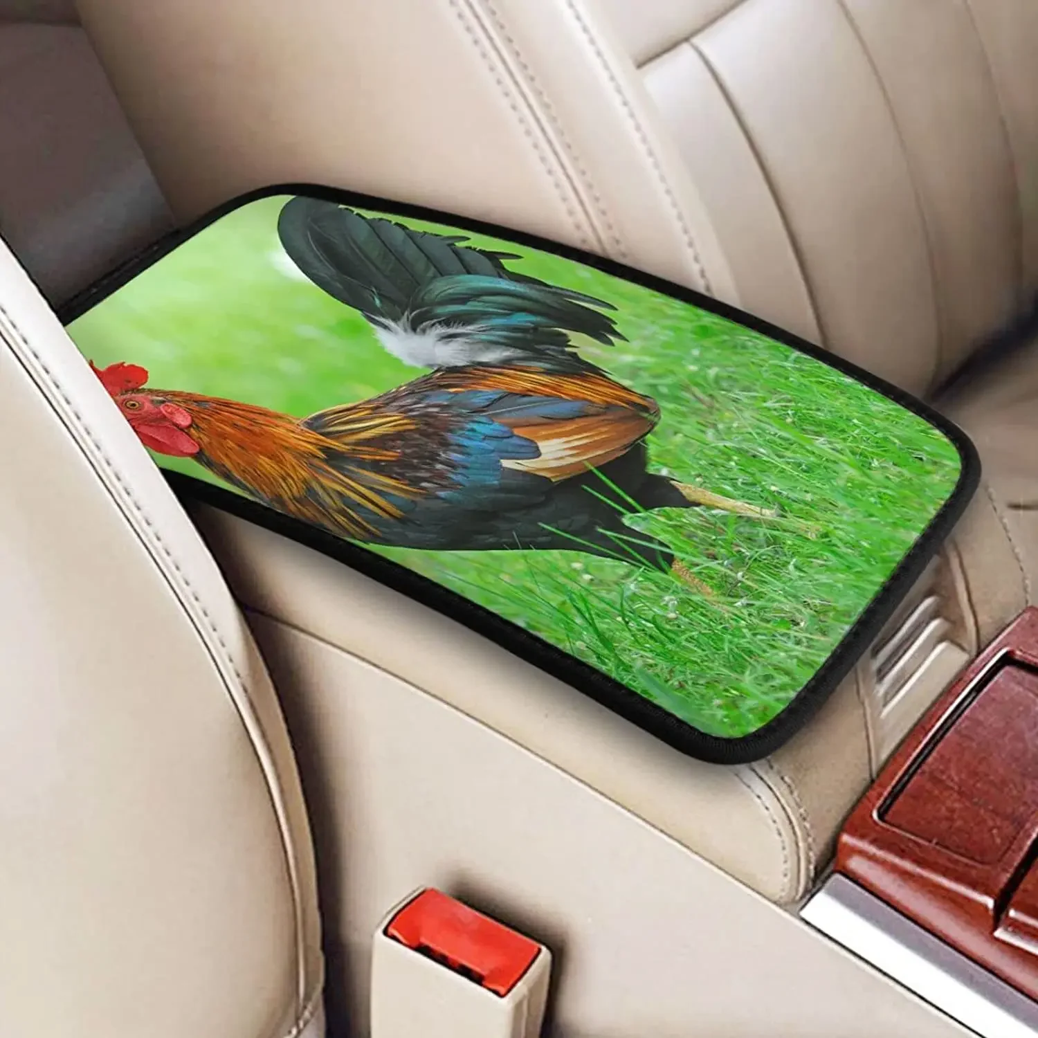 Auto Center Console Armrest Cover Pad, Colored Rooster in a Green Grassland Universal Fit Car Armrest Cover Cushion Ma