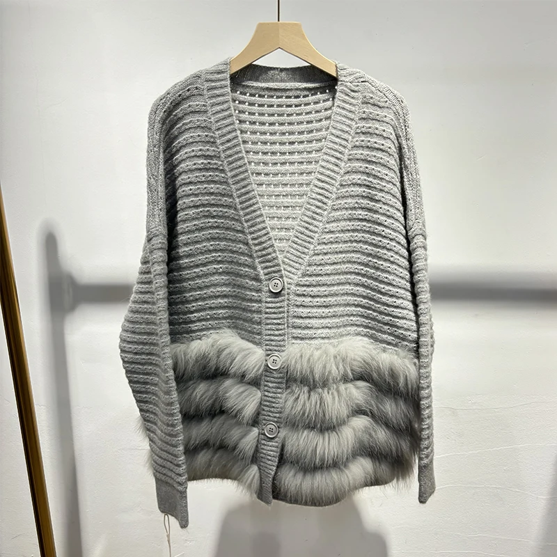 2025 weibliche Natürliche Fuchs Pelz Außerhalb Dekoration Mädchen Herbst Kamel Pullover Gestrickte Langarm Mantel