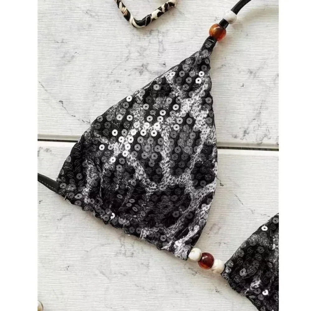New Sexy Leopard Print Bikini Set Lace-up Back Bead Decor Swimwear Sequins Decor Halter Strappy Bathing Suit Beach