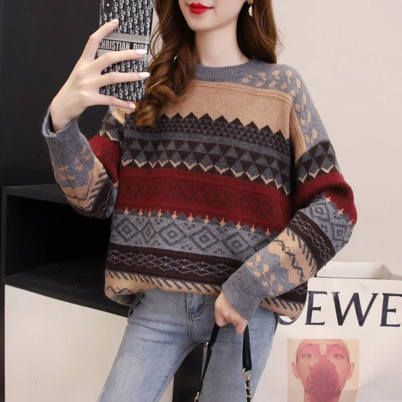 New Autumn and Winter Fashion Lazy Style Retro Jacquard Round Neck Thickened Loose Versatile Western Women\'s Knitted Sweater