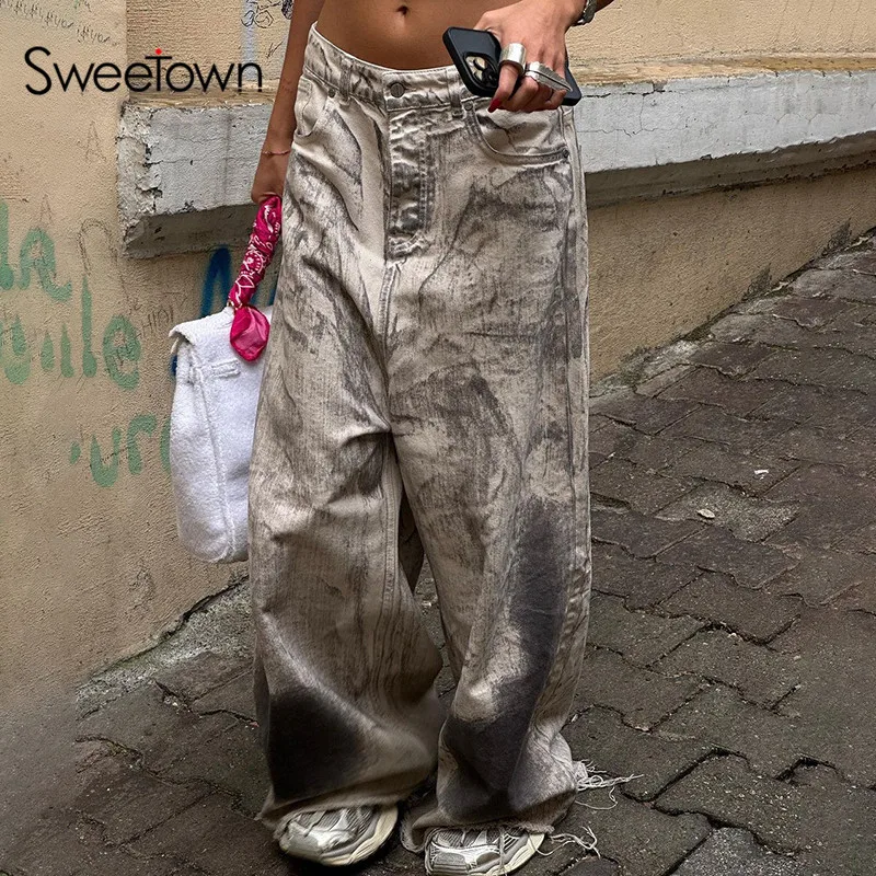 

Sweetown Washed Baggy Jeans Woman Vintage Wasteland Streetwear Casual High Waist Denim Straight Leg Pants Loose Hip Hop Fashion