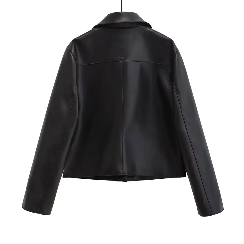 Ele Bla Leather Biker Jaet ort Coat for Women Flip Collar Autumn New Sle Faionable Straight Cut Long Sve Coat