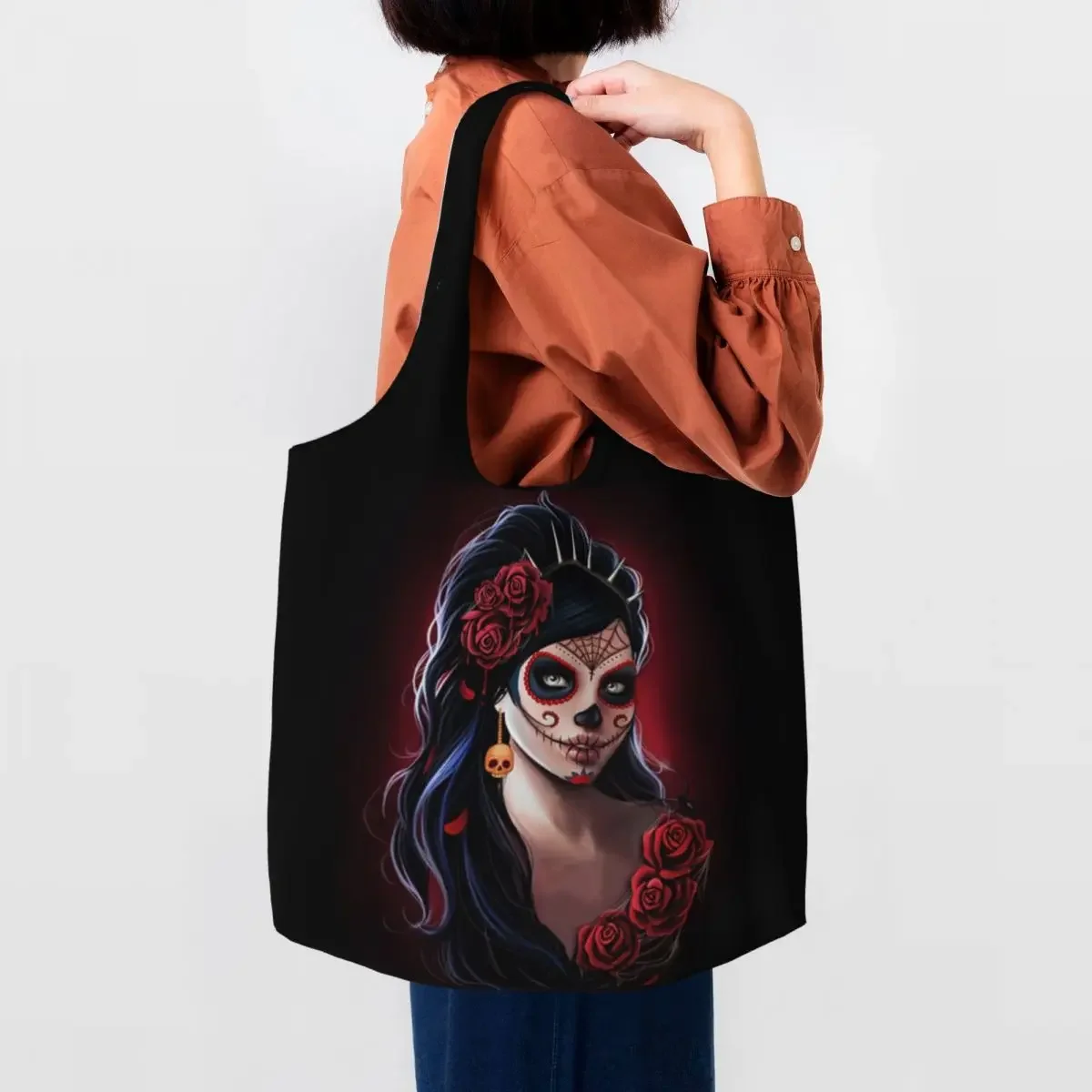 

Custom Cute Printed Mexican Sugar Skull Floral Girl Tote Shopping Bags Reusable Canvas Shopper Shoulder Day Of The Dead Handbag