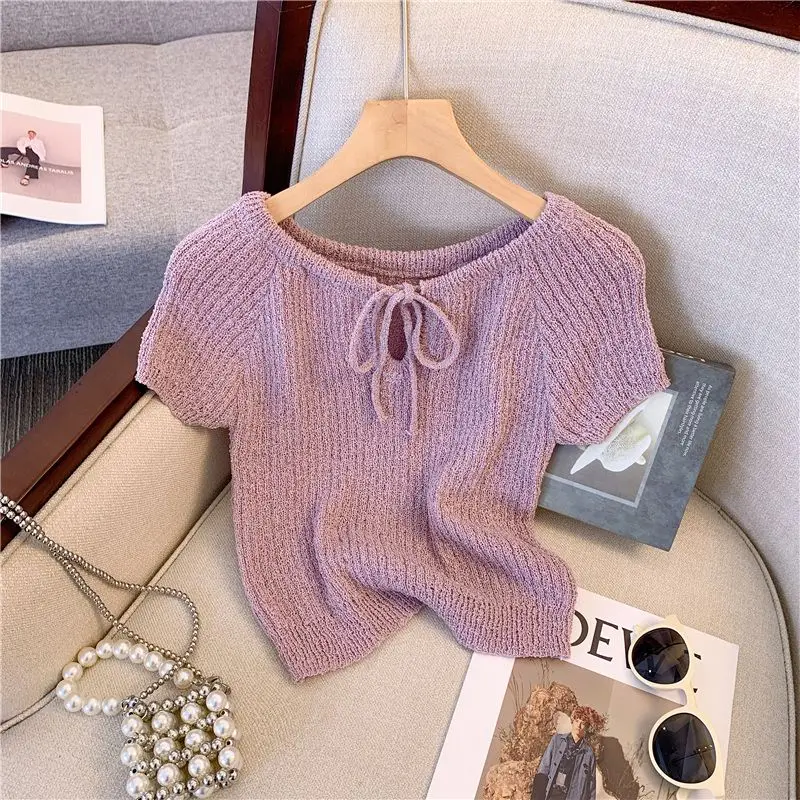 Knitted short-sleeved T-shirt female summer design retro age-reducing temperament strap ice silk slim slimming short top