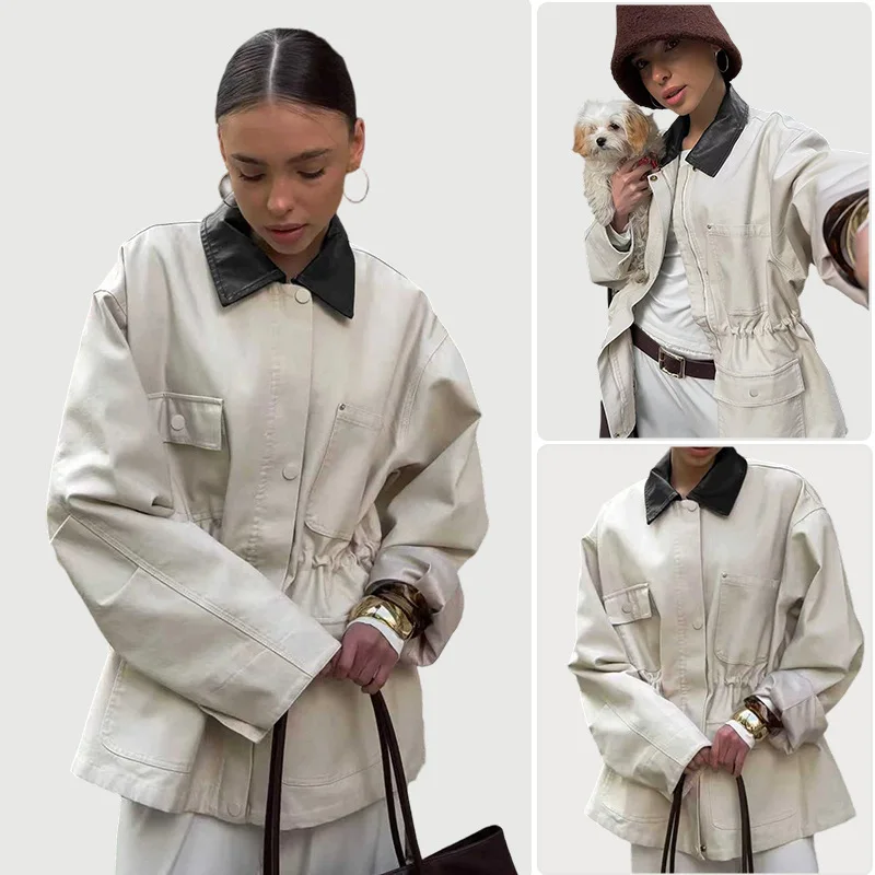 2026 New Autumn Loose Tooling Long-sleeved Women's Coat Zipper Single Breasted Leather Collar Tops Retro Spliced Women Jackets